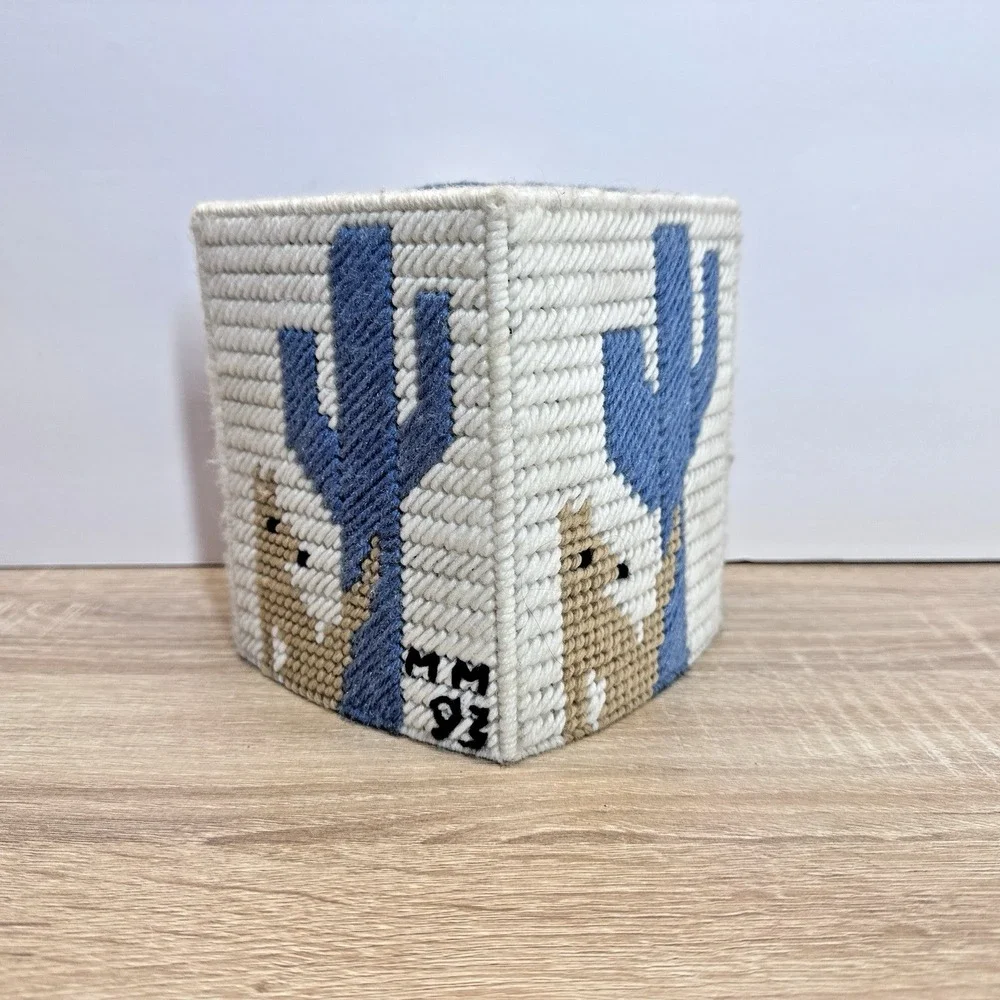 Vintage Cross Stitch Tissue Box Cover Square Vertical Coyote & Saguaro Southwest